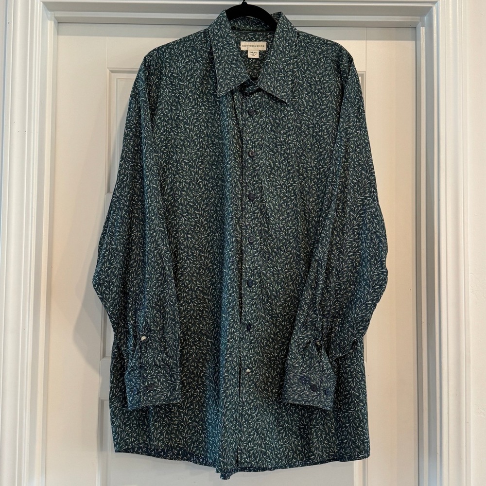 Cutter & Buck Button Down Shirt Mens 2XB Green Leaf‎ Print Cotton Long Sleeve